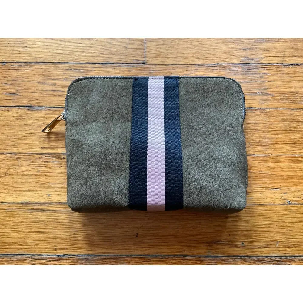 Retro Green Faux Suede Striped Zip Pouch/Clutch (NWOT)
